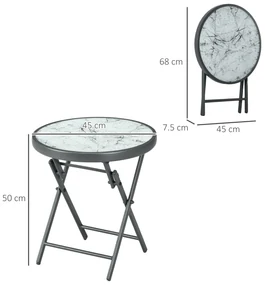 Outsunny Masă Rotundă Pliabilă cu Blat din Sticlă din Imitație de Marmură, Măsuță Mică de Cafea pentru Exterior,  Φ45x50 cm, Alb | Aosom Romania