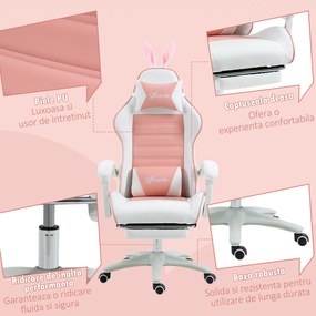 Vinsetto Scaun de Gaming Ergonomic cu Urechi de Iepure și Suport pentru Picioare Extensibil, 65x63x136-142 cm, Roz | Aosom Romania