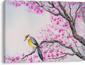 Tablou - Pasăre pe un copac cu flori roz (70x50 cm)
