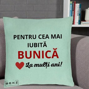 Cadou pentru Bunica - Perna Personalizata Pentru Cea Mai Iubita Bunica La Multi Ani Rosu, 40x40 cm, Verde Menta, Husa Detasabila, Perna Inclusa, BEKZ®