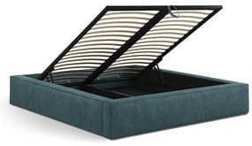 Pat matrimonial albastru tapițat cu spațiu de depozitare cu somieră 200x200 cm Simon Darren – Micadoni