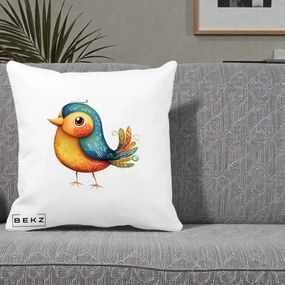 Perna Decorativa Pasare Folk Art Portocalie-Teal, 40x40 cm, Alba Mata, Husa Detasabila, Perna Inclusa, BEKZ®