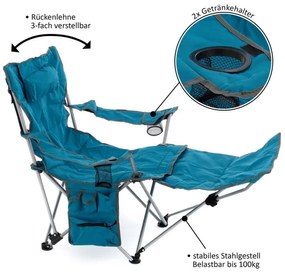 Scaun de camping+suport pentru picioare detașabil,albastru