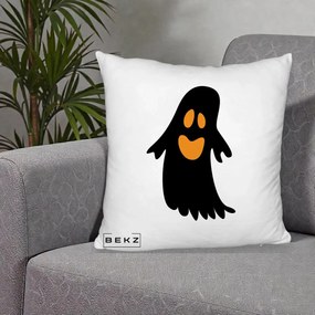Perna Decorativa Halloween Fantoma Neagra cu Ochi Portocalii, 40x40 cm, Alb Pufos, Husa Detasabila, Perna Inclusa, BEKZ®