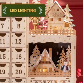 Calendar Advent de Craciun din lemn, cu lumini LED, pentru copii si adulti, natural HOMCOM | Aosom Romania