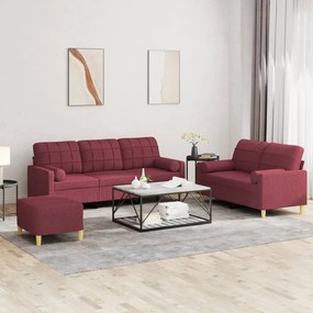 3201336 vidaXL Set canapea cu perne, 3 piese, roșu vin, material textil