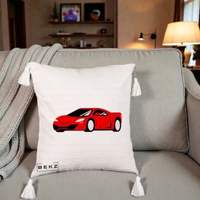Perna Personalizata Masina Sport Rosie Grafic, 40x40 cm, Bej cu Franjuri, Husa Detasabila, Perna Inclusa, BEKZ®