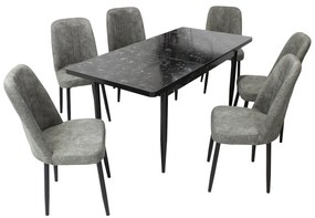 Set masă extensibilă Aris Negru Marmorat cu 6 scaune Artemis Gri Deschis