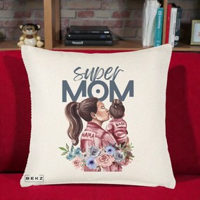 Cadou pentru Mama - Perna Personalizata Super Mom Mama cu Bebelusul, 40x40 cm, Crem Reliefat, Husa Detasabila, Perna Inclusa, BEKZ®