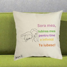 Cadou pentru Sora - Perna Personalizata Sora Mea Te Iubesc Line Art Fete Colorate Brate Ridicate, 40x40 cm, Ecru, Husa Detasabila, Perna Inclusa, BEKZ®