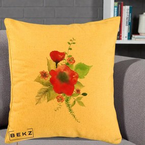 Perna Decorativa Buchet Rosu Acuarela, 40x40 cm, Galben, Husa Detasabila, Perna Inclusa, BEKZ®