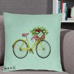 Perna Decorativa Bicicleta Galbena cu Cos de Flori Primavara, 40x40 cm, Verde Menta, Husa Detasabila, Perna Inclusa, BEKZ®