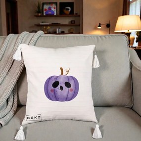 Perna Decorativa Dovleac Halloween Mov Kawaii, 40x40 cm, Bej cu Franjuri, Husa Detasabila, Perna Inclusa, BEKZ®