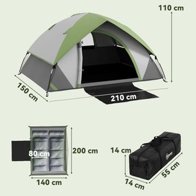 Outsunny Cort de Camping cu 3 Locuri, Geam din Plasă și Cârlig Felinar, Cort de Camping din PE, 270x210x150 cm, Verde | Aosom Romania