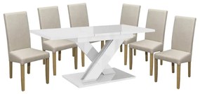 Set dining pentru 6 persoane Maasix WTG High Gloss White cu scaune Bej Vanda