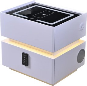 RESIGILAT- Noptieră inteligentă multifuncțională, sertar tip seif cu parolă, încărcare Wireless, difuzor Bluetooth, iluminare LED touch în 3 culori, Alb