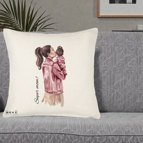 Cadou pentru Mama - Perna Personalizata Super Mom Jachete Roz, 40x40 cm, Crem Reliefat, Husa Detasabila, Perna Inclusa, BEKZ®