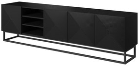 Comodă TV Asha 200 cm, cu fronturi riflate, spațiu deschis și cadru metalic – negru mat
