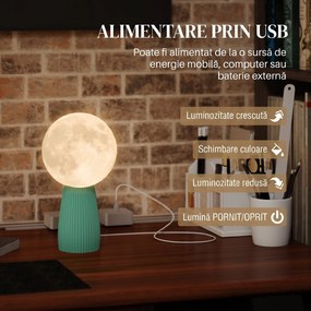 HOMCOM Lampă de Masă cu 3 Culori în Formă de Lună, din ABS Alb și Verde Închis | Aosom Romania