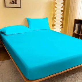 Cearceaf de pat cu elastic, 180x200cm, 2 fete de perna, 50x70cm, bumbac, turcoaz