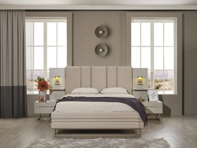 Set dormitor cu pat, noptiere, dulap, comoda din mdf crem si picioare metalice - riva