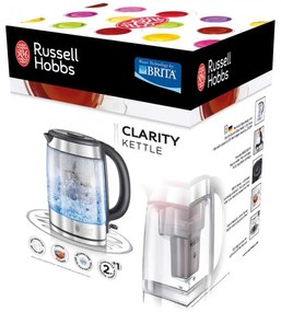 Fierbator electric din sticla cu filtru Russell Hobbs Clarity 20760-57, 2200W, 1L, Iluminat, SCHOTT DURAN, Filtru BRITA, Inox