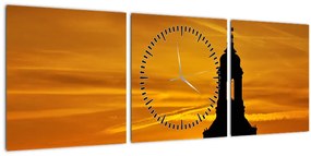 Tablou cu biserică în apus de soare (cu ceas) (90x30 cm)
