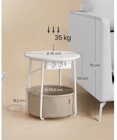 Masă laterală NOIRA, bej/alb, cu prize și porturi USB încorporate