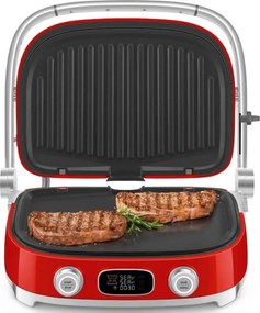 Grătar multifuncțional SMEG 50's Style MGF01RDEU, 2100 W, 60-230 °C, 3 programe, acoperire ceramică, tavă de scurgere, semnal sonor, cronometru, roșu