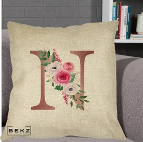 Cadou Personalizat - Perna Personalizata Monograma Rose Gold Litera N, 40x40 cm, Crem, Husa Detasabila, Perna Inclusa, BEKZ®