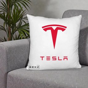 Perna Personalizata cu emblema Tesla, 40x40 cm, Alb Pufos, Husa Detasabila, Perna Inclusa, BEKZ®