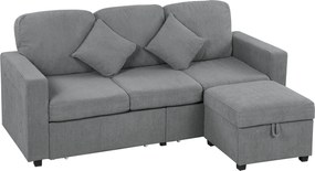 HOMCOM Divan 3 Locuri cu Pouf de Depozitare din Velur cu Nervuri 196x139x85 cm, Gri | Aosom Romania