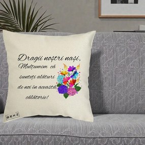 Cadou pentru Nasi - Perna Personalizata Dragii Nostri Nasi Multumim cu Flori Multicolore, 40x40 cm, Ecru, Husa Detasabila, Perna Inclusa, BEKZ®