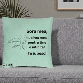 Cadou pentru Sora - Perna Personalizata Sora Mea Te Iubesc Line Art Portrete Fata in Fata, 40x40 cm, Verde Menta, Husa Detasabila, Perna Inclusa, BEKZ®
