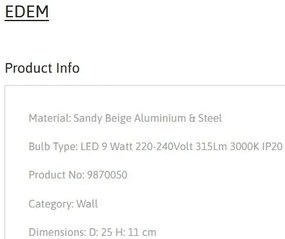 Aplica de perete LED stil minimalist EDEM bej