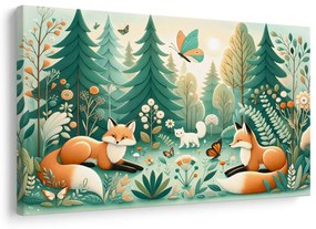 Tablou liniște de pădure cu vulpi