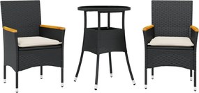 vidaXL Set mobilier de grădină cu perne 3 piese negru poliratan&sticlă