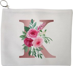 Portfard Cosmetice tip Plic, Cu litera K Rose Gold si Trandafiri, 23x18 cm, Alb, BEKZ®