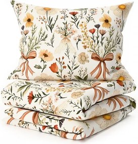 Set lenjerie de pat creponata FLORAL RIBBON POLY colorata + cearsaf Jersey 180 x 200 cm bej deschis, pat dublu