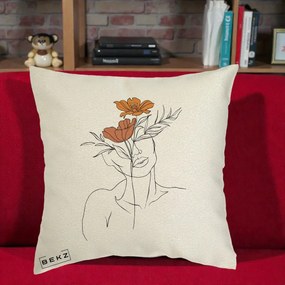 Perna Decorativa Portret Feminin Doua Flori, 40x40 cm, Ecru, Husa Detasabila, Perna Inclusa, BEKZ®
