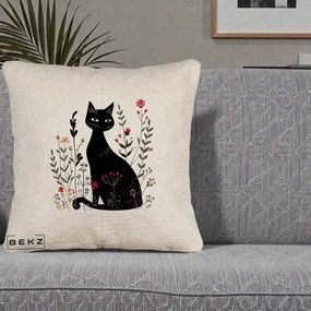 Perna Decorativa Pisica Neagra Botanica Rosu-Gri, 40x40 cm, Bej Canapea, Husa Detasabila, Perna Inclusa, BEKZ®