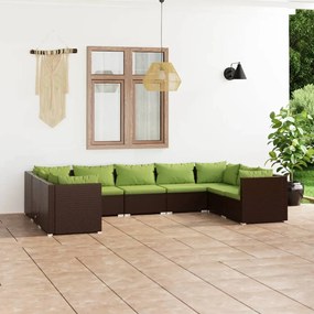 Set mobilier de gradina cu perne, 9 piese, maro, poliratan maro si verde, 4x colt + 5x mijloc, 1