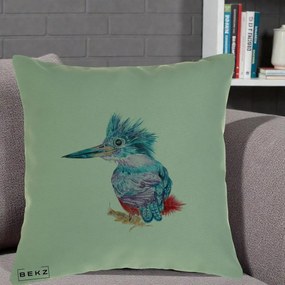 Perna Decorativa Pasare Martin Pescar Acuarela Albastru-Mov, 40x40 cm, Verde, Husa Detasabila, Perna Inclusa, BEKZ®