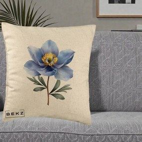 Perna Decorativa Anemona Albastra Botanica, 40x40 cm, Bej, Husa Detasabila, Perna Inclusa, BEKZ®