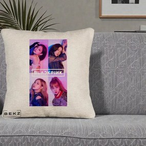Perna Personalizata K-pop BLACKPINK Poster Colaj 4 Membre Violet Roz, 40x40 cm, Bej Canapea, Husa Detasabila, Perna Inclusa, BEKZ®