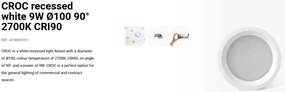 Spot LED incastrabil CROC IP44 recessed white 9W 10cm 90 grade 2700K CRI90
