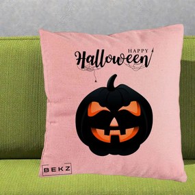 Perna Decorativa Happy Halloween Dovleac Negru cu Paianjen, 40x40 cm, Roz, Husa Detasabila, Perna Inclusa, BEKZ®