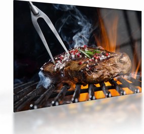 Tablou pe sticlă cu steac pe grill (70x50 cm)