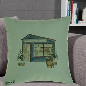 Perna Decorativa Casa de Iarna Watercolor, 40x40 cm, Verde, Husa Detasabila, Perna Inclusa, BEKZ®