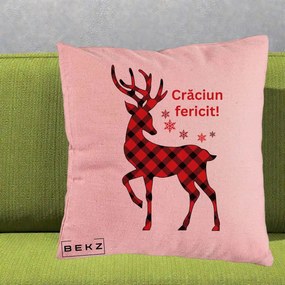 Perna Decorativa Ren Tartan Craciun Fericit, 40x40 cm, Roz, Husa Detasabila, Perna Inclusa, BEKZ®